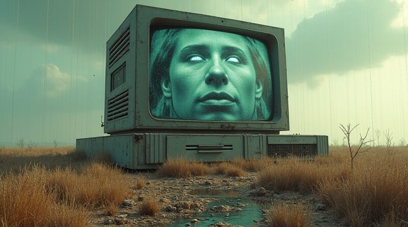 Zapadający zmierzch gamingu: monolityczna konsola wśród cyfrowych ruin, kodowy deszcz, twarze nadziei i rozpaczy.