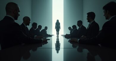 Męski cień przy stole, kobieta w świetle AI, nierówności w sztucznej inteligencji.