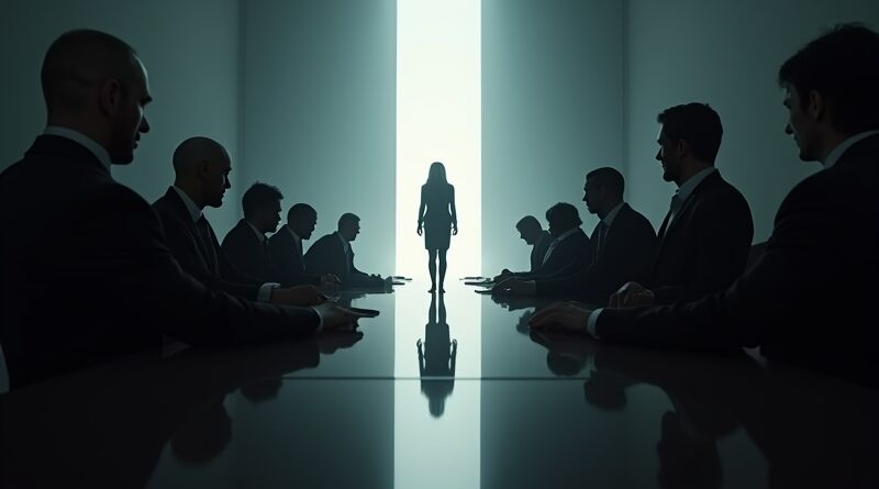 Męski cień przy stole, kobieta w świetle AI, nierówności w sztucznej inteligencji.