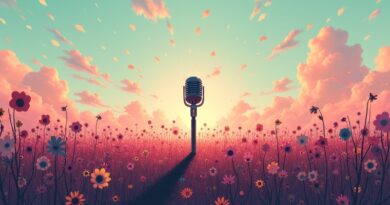 Surrealistyczny mikrofon w polu fal dźwiękowych, symbolizujący łatwość tworzenia podcastów dzięki AI. Tłum słucha.