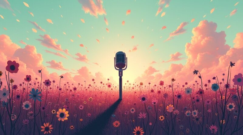 Surrealistyczny mikrofon w polu fal dźwiękowych, symbolizujący łatwość tworzenia podcastów dzięki AI. Tłum słucha.