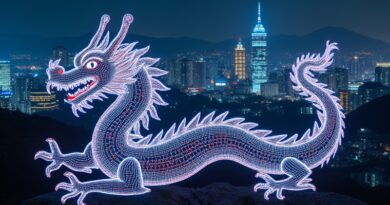 Neonowy koreański smok z mikroukładów na tle Seulu, symbol technologii Rebellions i globalnych aspiracji.