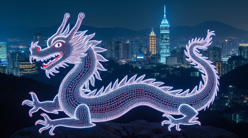 Neonowy koreański smok z mikroukładów na tle Seulu, symbol technologii Rebellions i globalnych aspiracji.