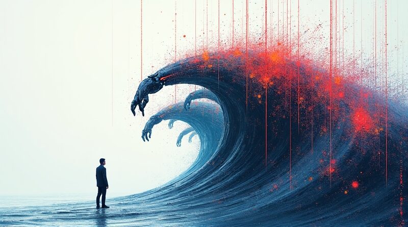 Człowiek walczy z falą robotycznych ramion z kodu binarnego. Walka o tożsamość w cyfrowym chaosie.