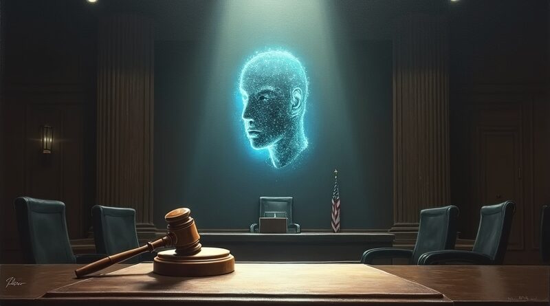 Neono-noirowa wizja sali sądowej: hologram Claude AI chroni cyfrowy łańcuch dostaw, wyrok wstrzymuje Pentagon.