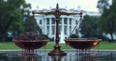 Skomplikowana waga sprawiedliwości przechylona władzą polityczną, w tle zniekształcony Biały Dom.