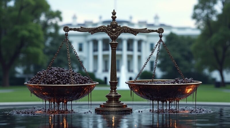 Skomplikowana waga sprawiedliwości przechylona władzą polityczną, w tle zniekształcony Biały Dom.