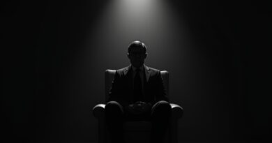 CEO w stylu Caravaggia, spętany, oświetlony ostrym światłem na tle binarnych nebul, symbol dylematów AI.