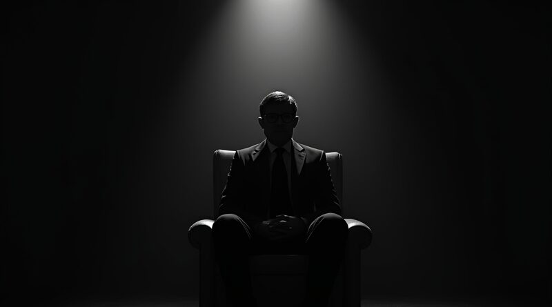 CEO w stylu Caravaggia, spętany, oświetlony ostrym światłem na tle binarnych nebul, symbol dylematów AI.