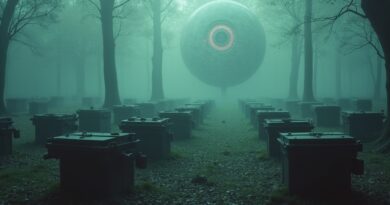 Melancholijny balet starych maszyn do pisania na mglistym cmentarzu, nad nimi płaczące oko AI.