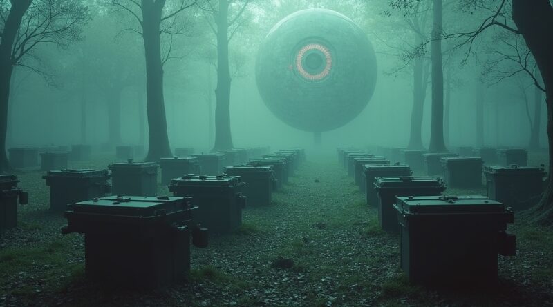 Melancholijny balet starych maszyn do pisania na mglistym cmentarzu, nad nimi płaczące oko AI.