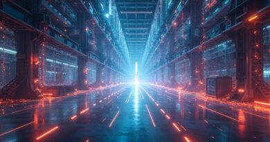 Abstrakcyjna hala fabryczna przyszłości, dane jak żyły, subtelna rakieta SpaceX w tle.