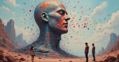 Surrealistyczny krajobraz cyfrowy: nuty i piksele walczą z minimalistycznym profilem artysty, Spotify vs muzyczny spam.