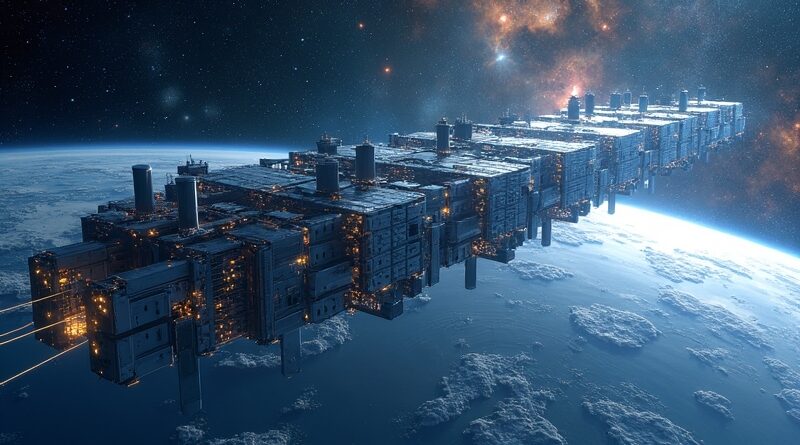 Futurystyczne centrum danych Starcloud na orbicie Ziemi, transmitujące dane laserami. Kosmiczne połączenie technologii i natury.