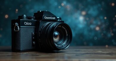 Staromodny aparat z okiem w obiektywie na tle kodu binarnego zanikającego w gwiazdach.