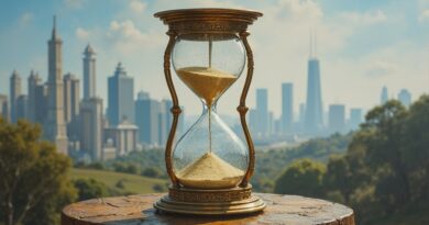 Klepsydra zamiast piasku wypełniona danymi, w jej środku duchowy iPhone. Przyszłość Apple w erze AI.