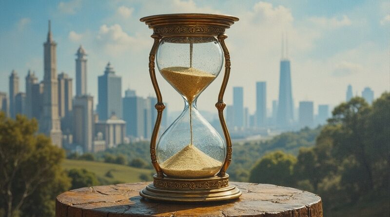 Klepsydra zamiast piasku wypełniona danymi, w jej środku duchowy iPhone. Przyszłość Apple w erze AI.