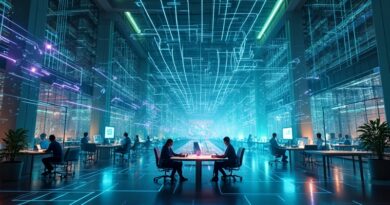 Surrealistyczna wizja cyfrowego biura. Sieci neuronowe, dane i AI tworzą futurystyczną przestrzeń współpracy.