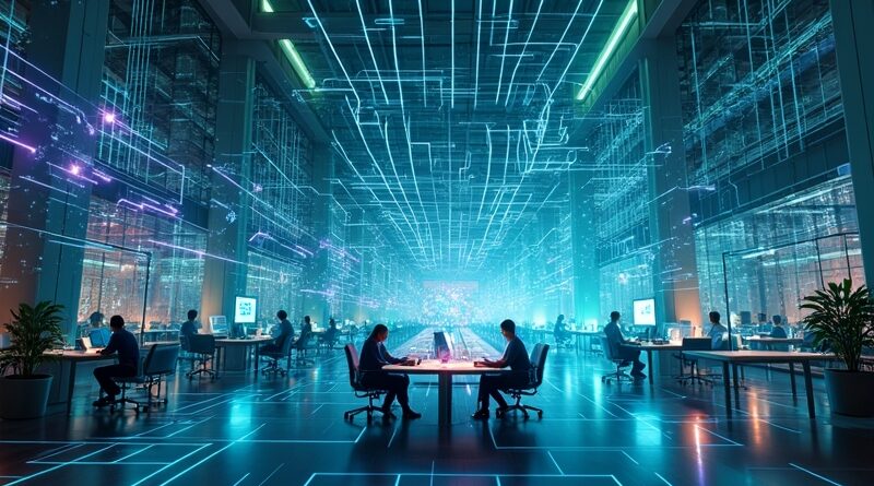 Surrealistyczna wizja cyfrowego biura. Sieci neuronowe, dane i AI tworzą futurystyczną przestrzeń współpracy.