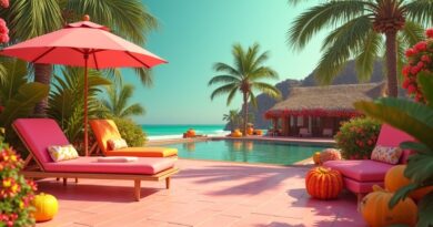 Antropomorficzne owoce w willi rodem z Love Island, wygenerowane przez AI, cyfrowe glitche.