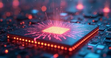 Pękająca krzemowa płytka pod presją algorytmów AI. Fabryki w tle symbolizują technologiczne przeciążenie.