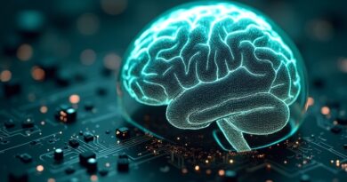 Układ scalony w kształcie mózgu, symbol lokalnego AI. Translucentna kopuła, tealowo-srebrne akcenty, subtelne logo Apple.