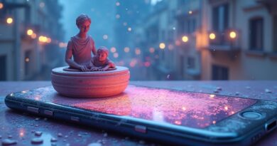Rozbity ekran smartfona odbija garncarski krąg; AI i realne randki w pastelowej, sennej scenerii.