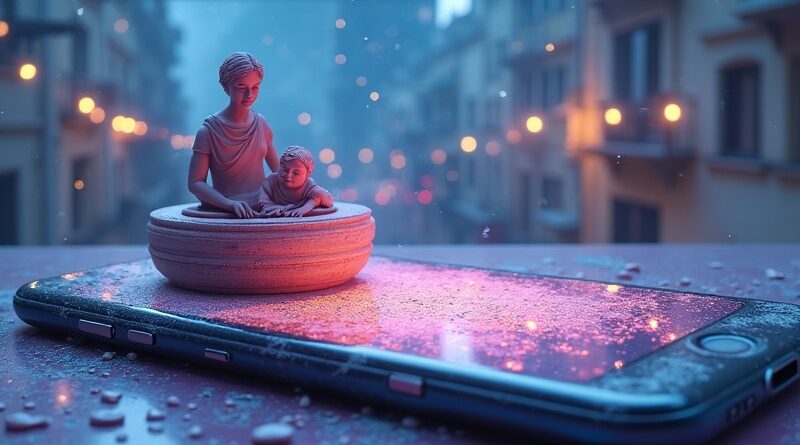 Rozbity ekran smartfona odbija garncarski krąg; AI i realne randki w pastelowej, sennej scenerii.