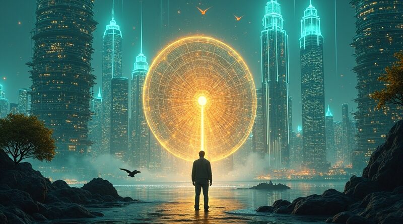 Inżynier w cyfrowym mieście przyszłości trzyma token mocy obliczeniowej AI.