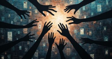 Splecione dłonie, cyfrowe ekrany, glitchujące postacie. Metafora cyfrowego zaufania i kontroli.