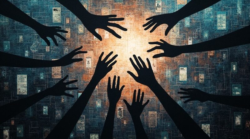 Splecione dłonie, cyfrowe ekrany, glitchujące postacie. Metafora cyfrowego zaufania i kontroli.