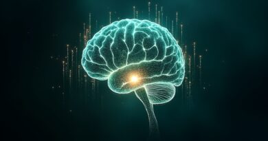 Świecący mózg z danych, pulsowanie światła, wir binarny, kompresja. Błękit, zieleń, złoto. TurboQuant, przełom.