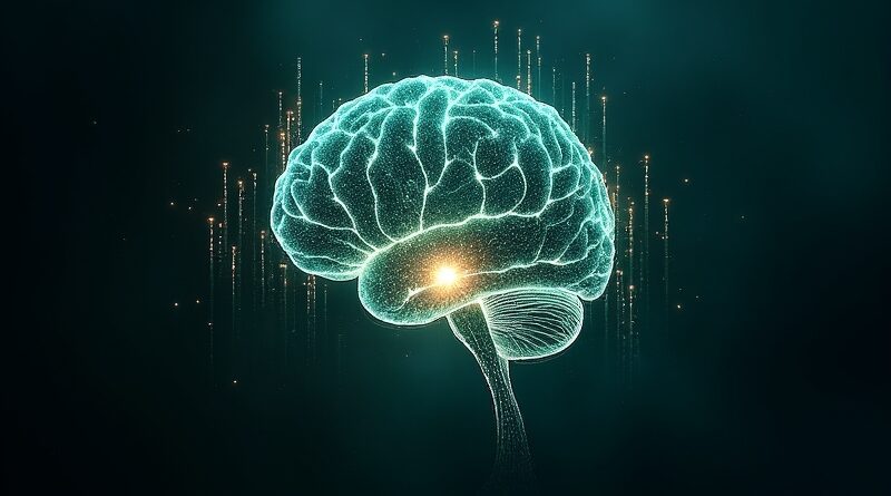 Świecący mózg z danych, pulsowanie światła, wir binarny, kompresja. Błękit, zieleń, złoto. TurboQuant, przełom.