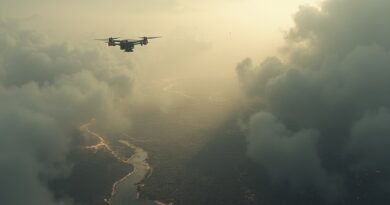 Z lotu ptaka zniszczony krajobraz wojny, nakładka danych AI, unoszący się dron.