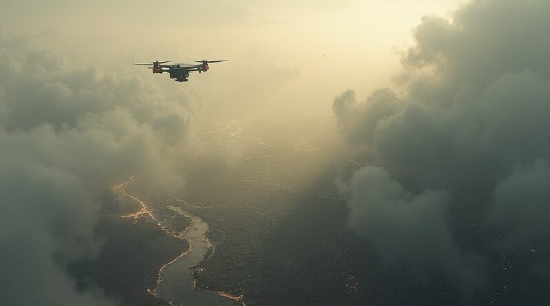 Z lotu ptaka zniszczony krajobraz wojny, nakładka danych AI, unoszący się dron.