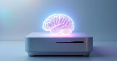 Świecący mózg w obudowie Macintosha symbolizujący lokalne działanie AI dla prywatności użytkownika. Pastelowe tło.