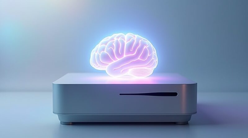 Świecący mózg w obudowie Macintosha symbolizujący lokalne działanie AI dla prywatności użytkownika. Pastelowe tło.