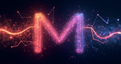 Abstrakcyjna grafika: dynamiczna sieć linii tworząca "M" dla Meta, symbolizująca Vibes AI i generowanie wideo.