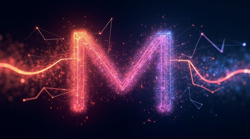 Abstrakcyjna grafika: dynamiczna sieć linii tworząca "M" dla Meta, symbolizująca Vibes AI i generowanie wideo.