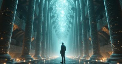 Architekt w futurystycznej bibliotece weryfikuje kod na tablecie, symbolizując weryfikację kodu przez AI.