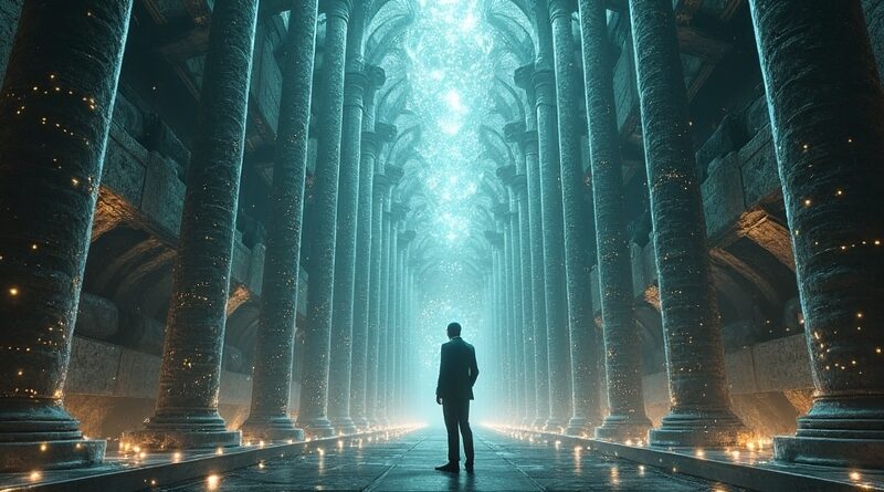 Architekt w futurystycznej bibliotece weryfikuje kod na tablecie, symbolizując weryfikację kodu przez AI.