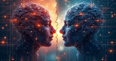 Pęknięta sieć neuronowa symbolizuje ideologiczny rozłam OpenAI i Anthropic, etykę AI.