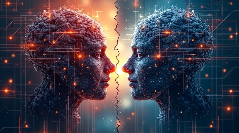 Pęknięta sieć neuronowa symbolizuje ideologiczny rozłam OpenAI i Anthropic, etykę AI.