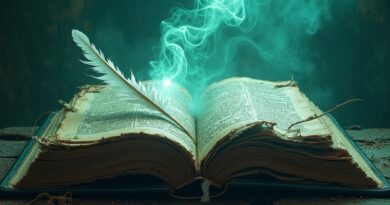 Rozpadająca się księga wiedzy, gotycki skrypt przechodzi w cyfrowy szum, pióro walczy z AI.