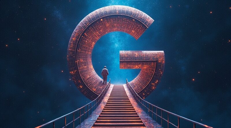 Niemożliwe schody w kształcie logo Google prowadzące do nikąd, pułapka AI.