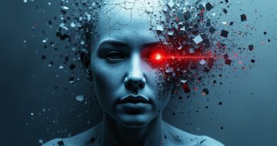 Abstrakcyjna wizja kodu zamieniającego się w pękniętą maskę na tle sieci neuronowej, akcenty: wyciek danych.