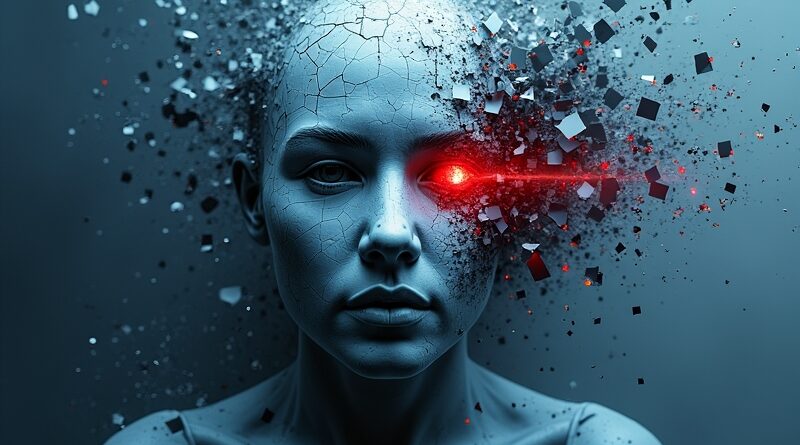 Abstrakcyjna wizja kodu zamieniającego się w pękniętą maskę na tle sieci neuronowej, akcenty: wyciek danych.