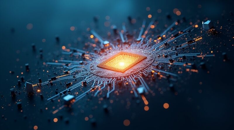 Roztrzaskana, świecąca płyta scalona samoistnie się składa. Symbol przełomu w rozumowaniu sztucznej inteligencji.