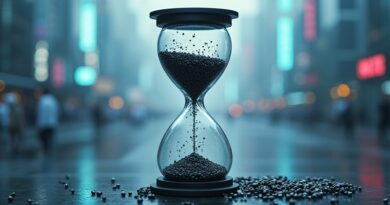 Klepsydra: stare klucze szyfrowania ustępują miejsca kryptografii kwantowej, w tle rekonstruująca się futurystyczna metropolia.