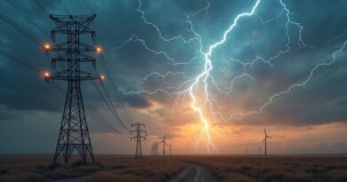 Sieć neuronowa obciążająca starą sieć energetyczną na tle krajobrazu Europy, symbolizująca napięcie rewolucji AI.